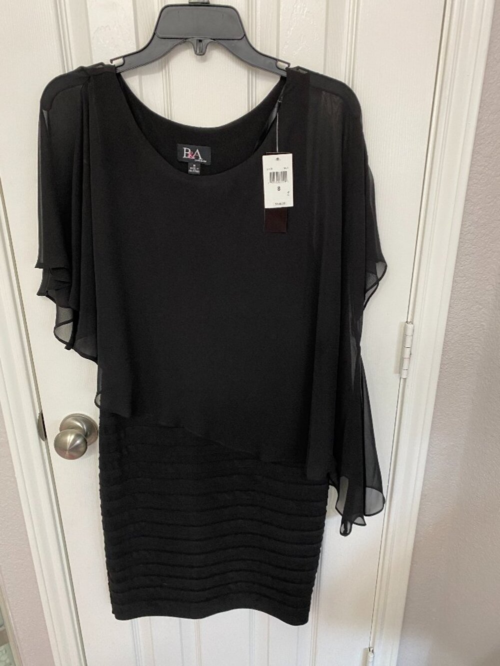 Betsy & Adam Black Chiffon Caplet Scoop Neck Dress